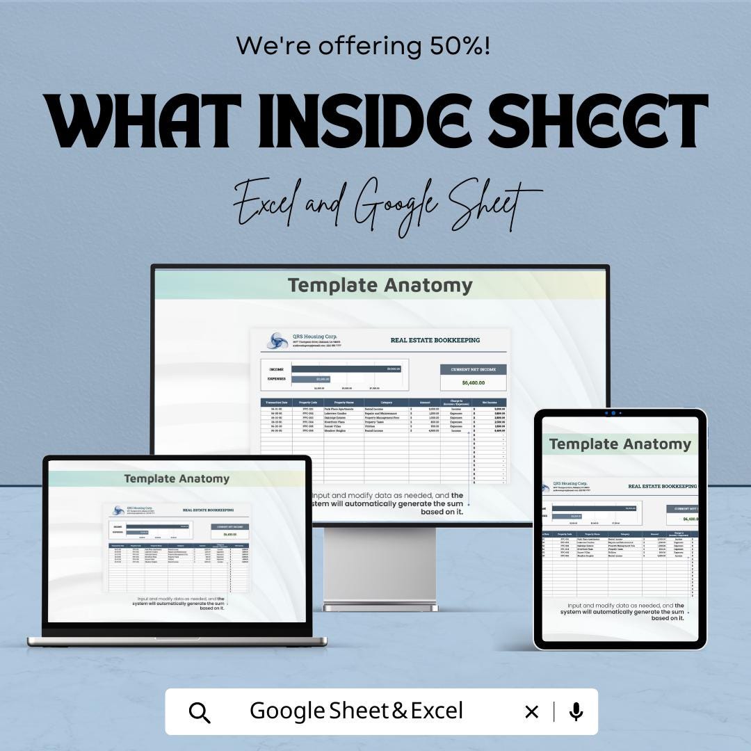 Real Estate Bookkeeping Template | Rental Property Accounting Spreadsheet | Income Expense Tracker | Excel & Google Sheets