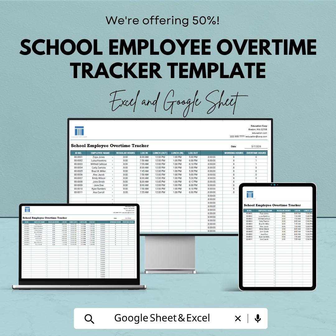 School Employee Overtime Tracker | Staff Time Tracking Template | Payroll Hours Log | Attendance & Overtime Calculator