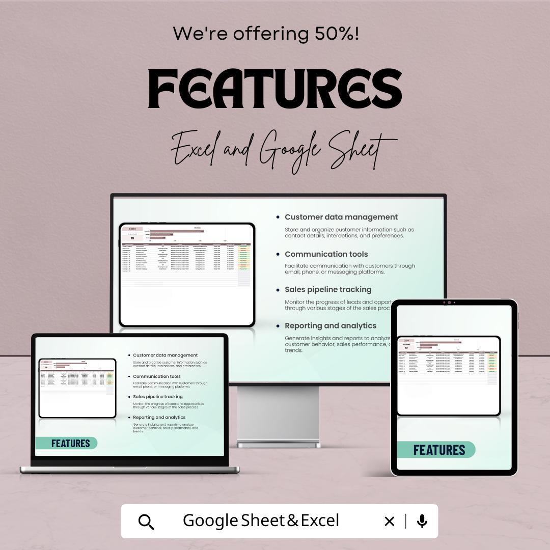 50% Off | Customizable CRM Sheet Template for Excel and Google Sheets | Customer Relationship Management | Boost Sales & Organize Clients