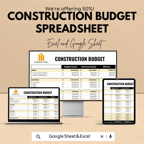 Construction Budget Spreadsheet, Project Cost Tracker, Builder Budget Template, Contractor Expense Sheet, Excel & Google Sheets Budget
