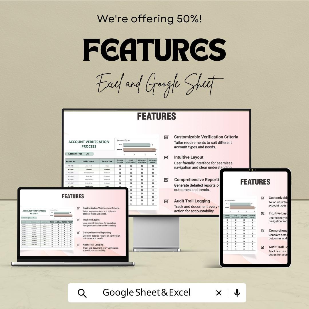 Account Verification Process Template | Account Review Tracker | Compliance Verification Sheet | Audit Tracking Template