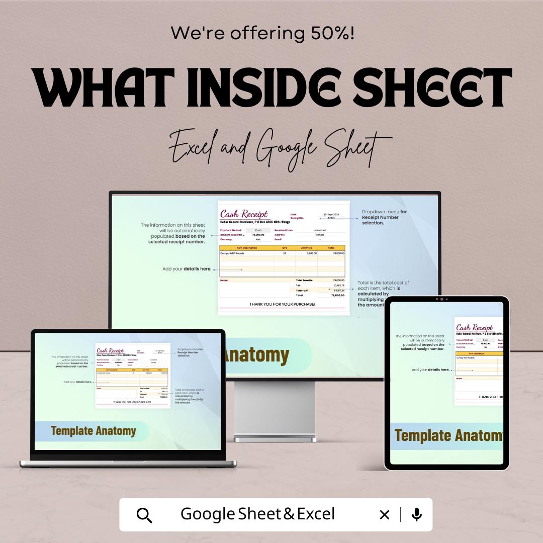 Cash Receipt Template | Excel & Google Sheets | Editable Business Receipt | Payment Record Template | Printable Cash Receipt