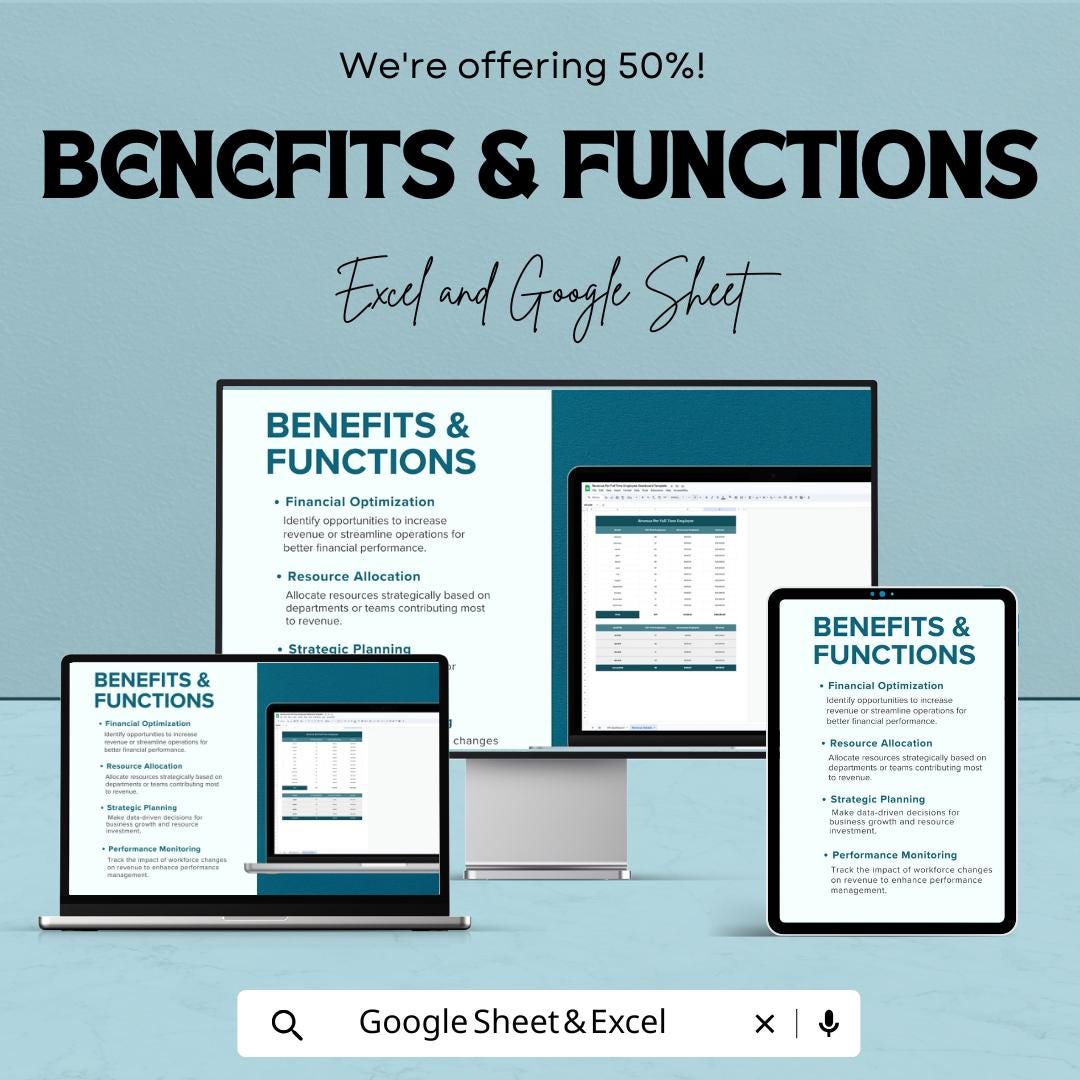 Revenue Per Full-Time Employee Dashboard Template for Excel and Google Sheets | Employee Revenue Tracking & Financial Analytics