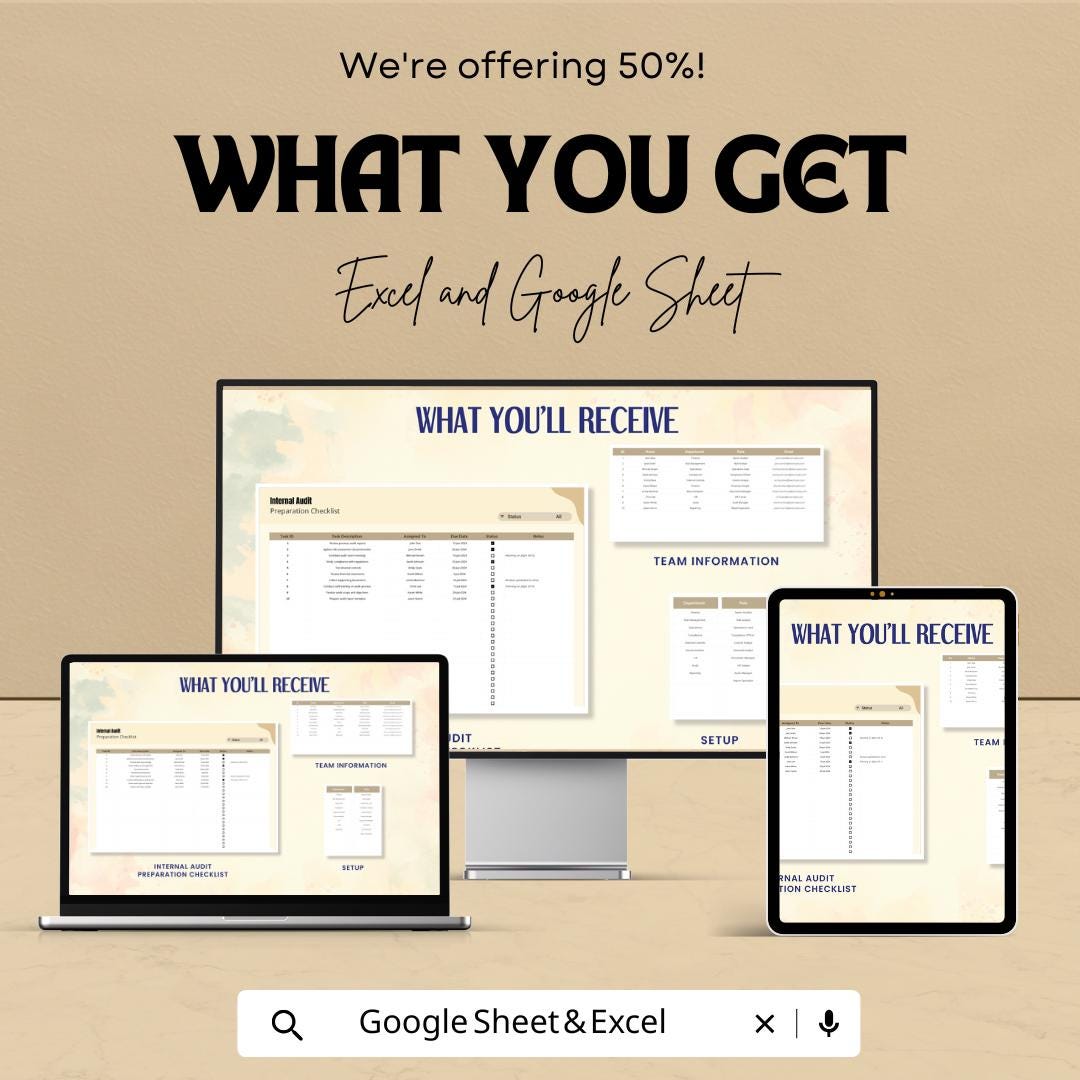 Internal Audit Preparation Checklist Sheet - Excel and Google Sheet Template for Audit Planning | Task Management & Compliance Tracking
