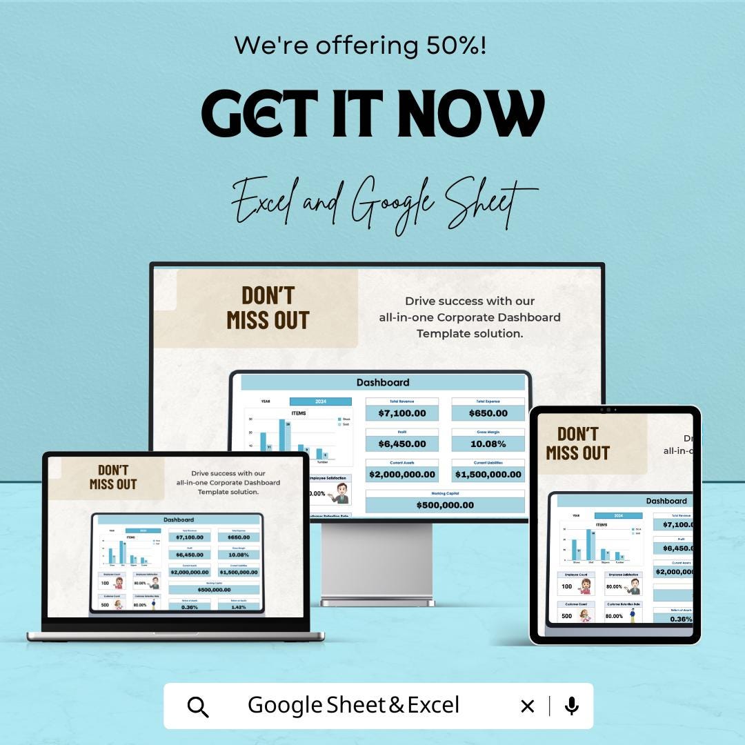 Corporate Dashboard Template - Business Performance Tracking Sheet | Excel & Google Sheets | KPI Monitoring | Financial Overview