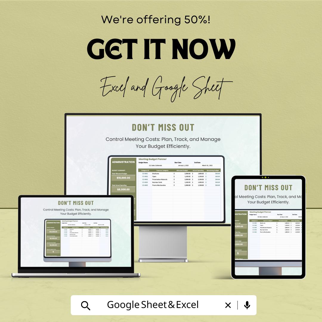50% OFF - Administration Meeting Budget Planner Sheet - Excel & Google Sheets | Plan, Track, and Manage Meeting Budgets | Budget Forecasting