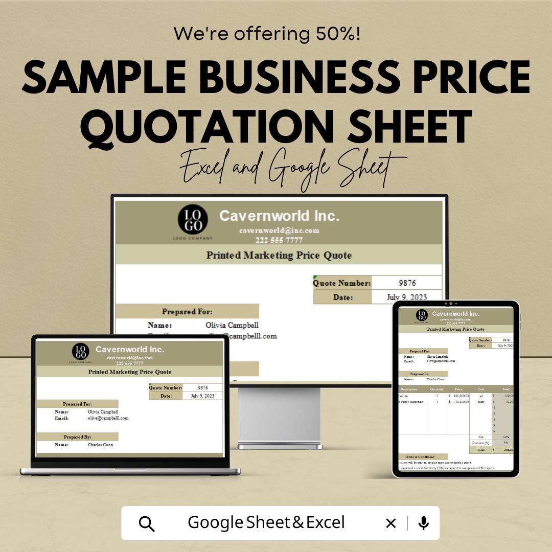 Sample Business Price Quotation Sheet | Excel and Google Sheets Template | Customizable & Professional | Instant Download