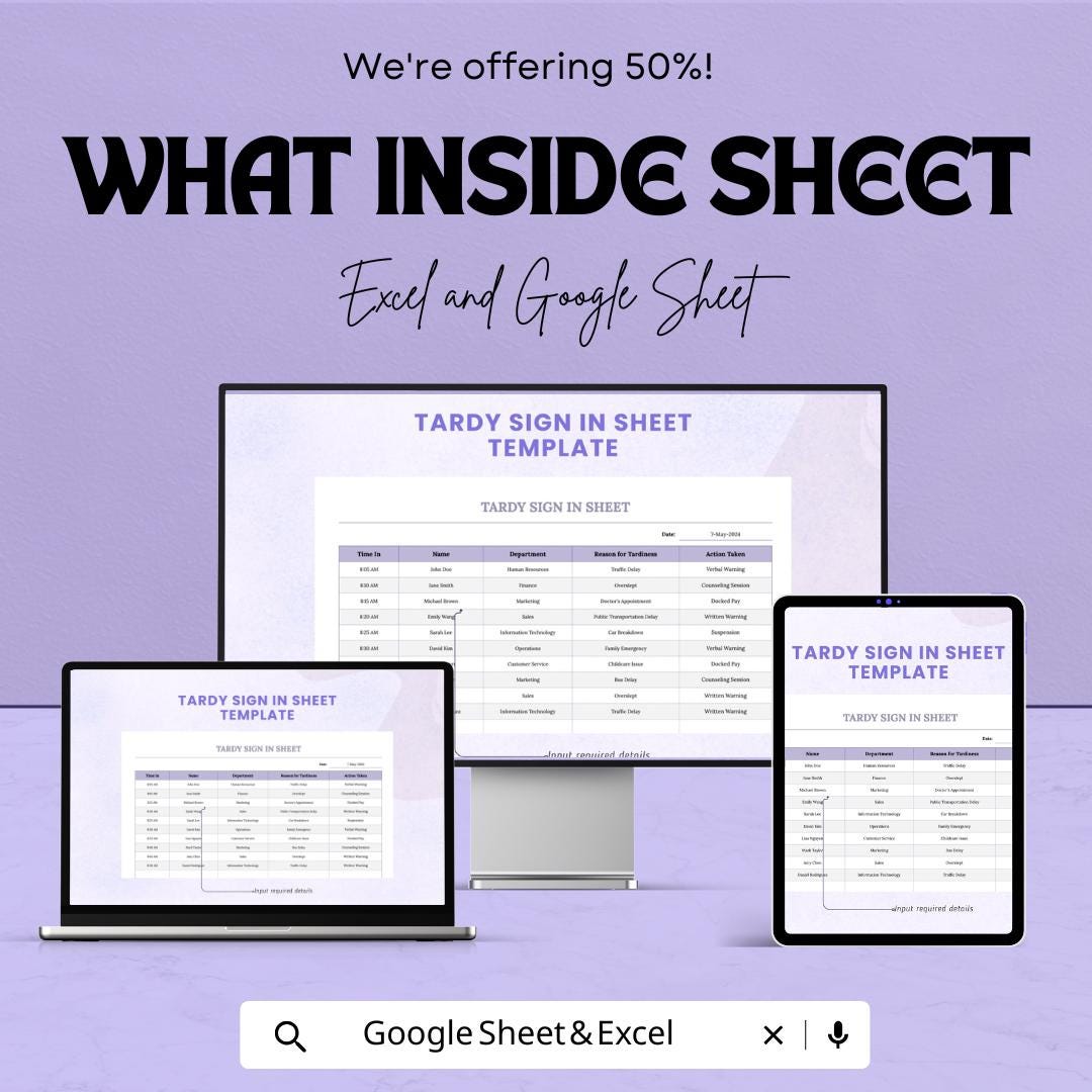 Tardy Sign In Sheet – Excel & Google Sheet Template for Tracking Employee or Student Tardiness | Customizable Attendance Tracker