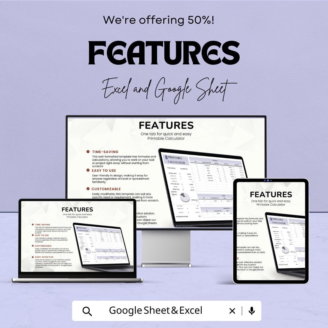 Printable Calculator Sheet | Excel & Google Sheets | Cost Estimator Template | Customizable Calculator for Pricing | Easy-to-Use Budgeting