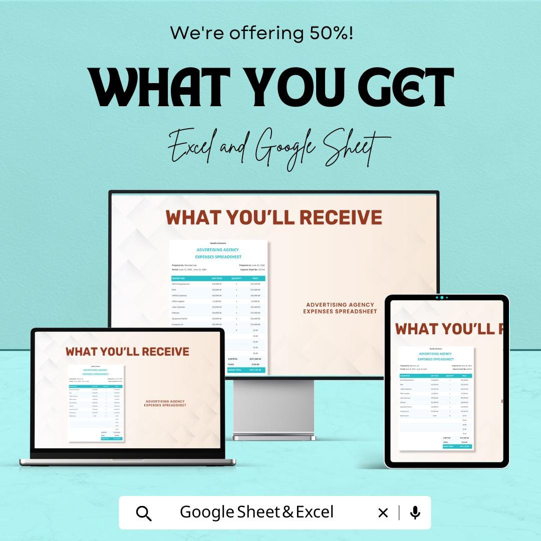 Advertising Agency Expenses Spreadsheet | Google Sheets Template | Budget Management, Track Advertising Costs, Automated Calculations