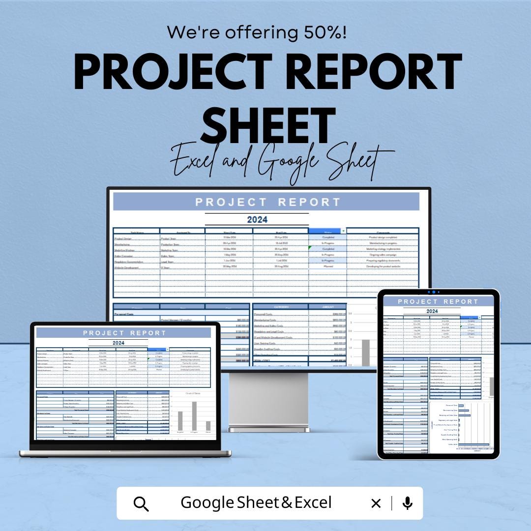 Project Report Sheet - Excel & Google Sheets Template for Project Management, Task Tracking, Team Progress Report