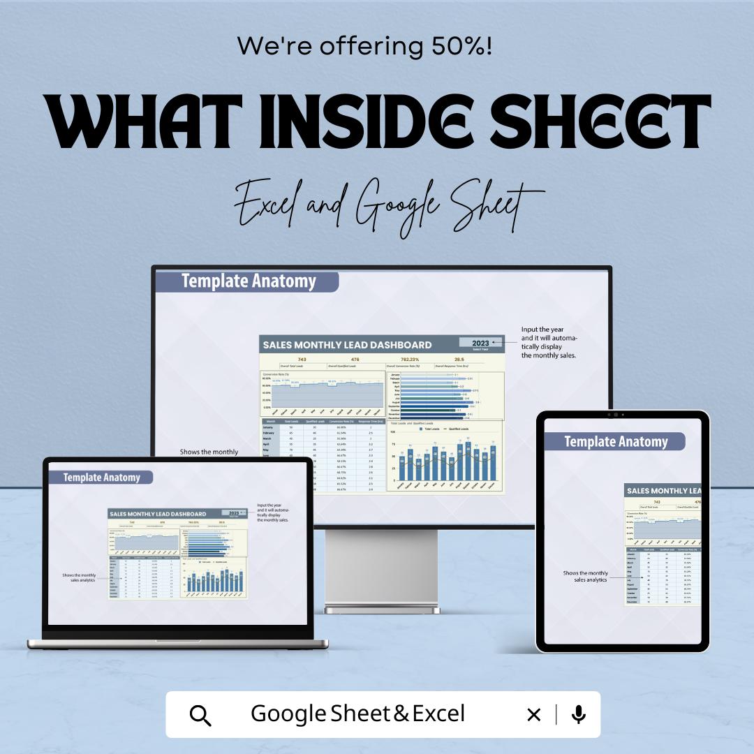 Sales Monthly Lead Dashboard | Sales Metrics Tracker | Conversion Rate & Performance Insights | Yearly Data Analysis | Marketing Template