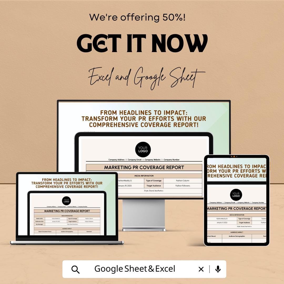 Marketing PR Coverage Report Sheet - Excel & Google Sheets Template - PR Campaign Coverage Tracker for Marketing Professionals