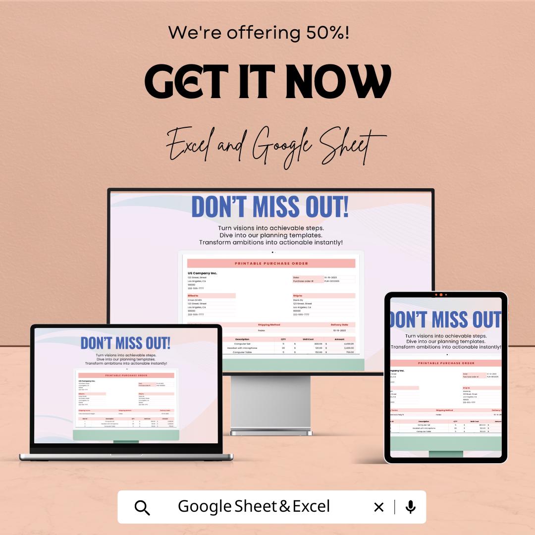 Printable Purchase Order Template | Business Order Form | Excel & Google Sheet | Purchase Request Tracker | Small Business Spreadsheet