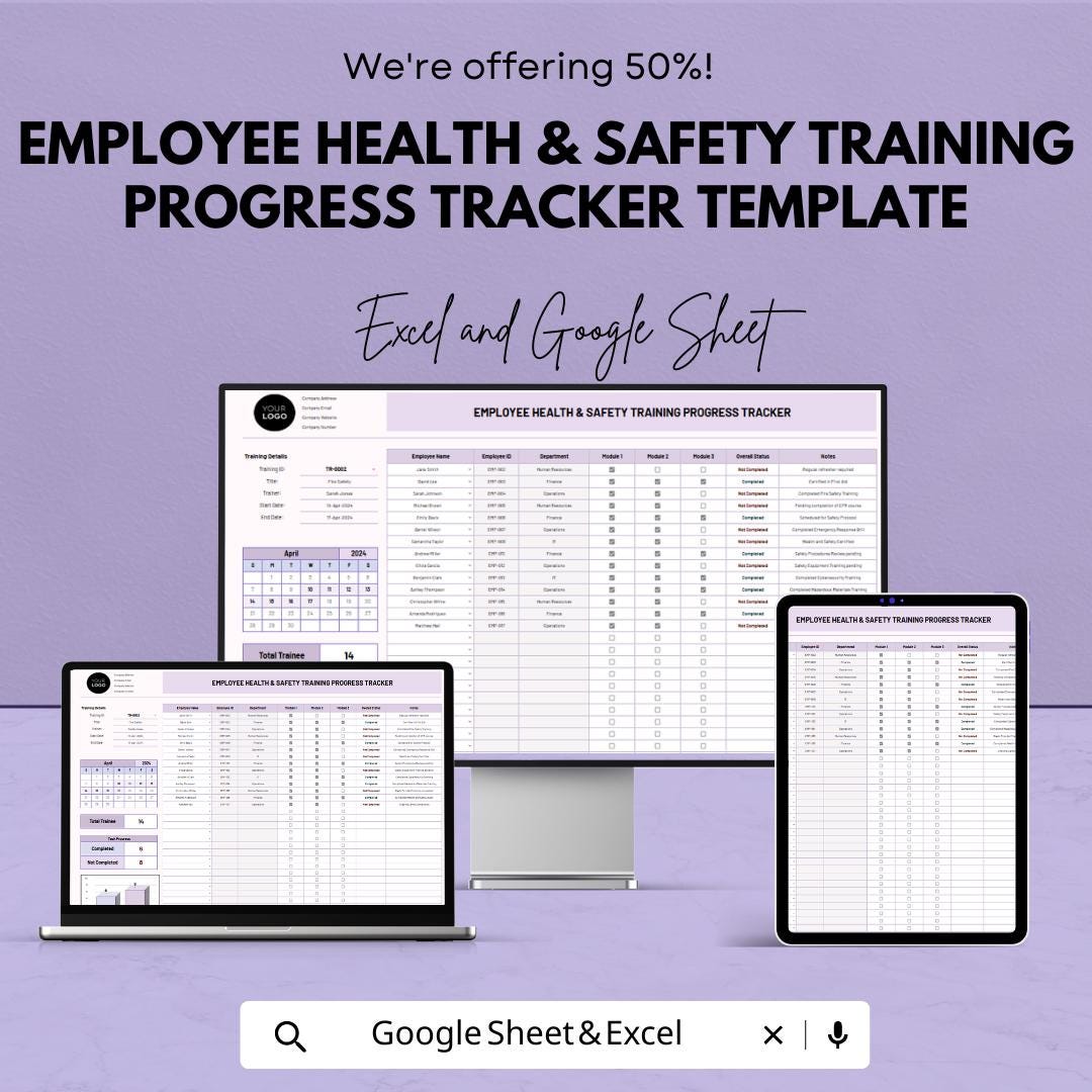 Employee Health & Safety Training Tracker | Training Log | Staff Compliance Spreadsheet | Employee Progress Tracker