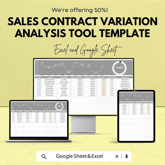 Sales Contract Variation Analysis Tool Excel Google Sheets | Contract Tracker Spreadsheet | Sales Analysis Dashboard | Contract Management