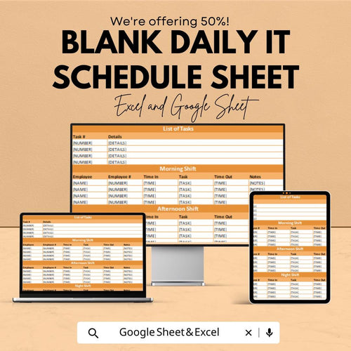 Blank Daily IT Schedule Sheet | Excel & Google Sheet Template | Task Organizer | Shift Planner | Employee Task Tracker | 50% OFF Now!