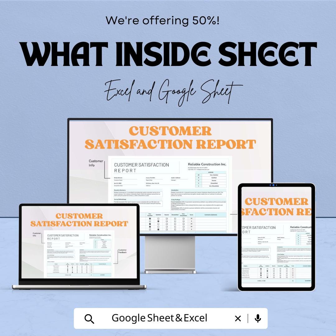 Customer Satisfaction Report Template for Business Feedback | Excel & Google Sheets | 50% OFF