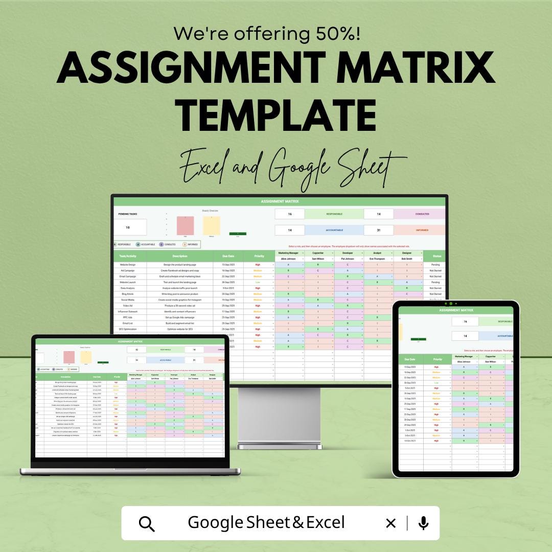Assignment Matrix Template | RACI Matrix Spreadsheet | Task Management Tracker | Excel & Google Sheets | Team Assignment Planner Dashboard