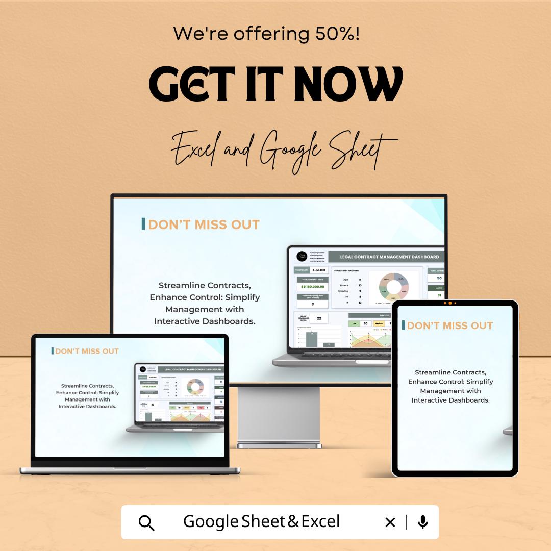 Legal Contract Management Dashboard - Google Sheet Template - Track Contracts, Manage Compliance & Risk - Editable and Customizable