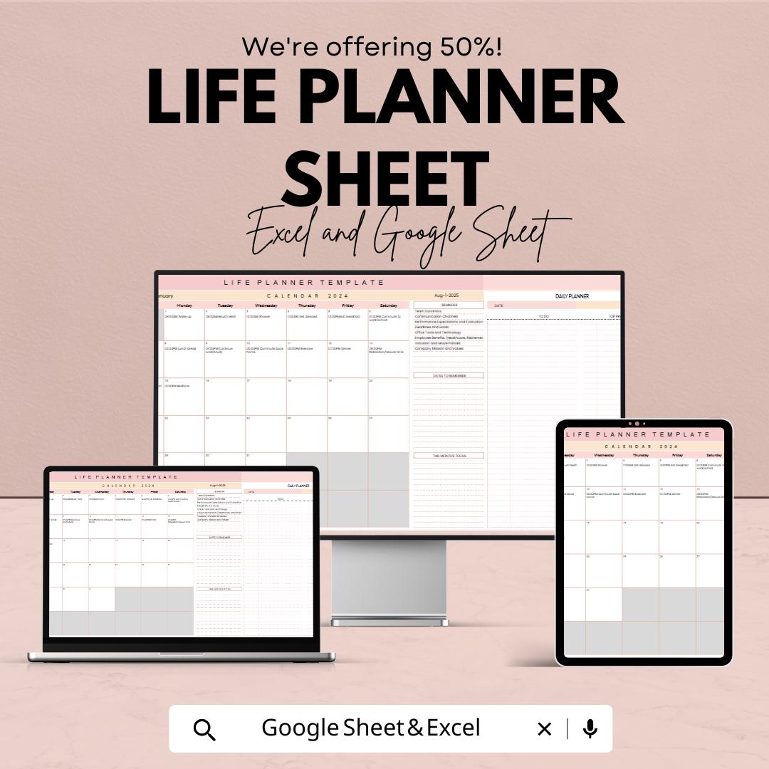 Life Planner Template | Daily, Weekly and Monthly Goal Tracker | Google Sheets & Excel Organizer | Productivity and Time Management Sheet