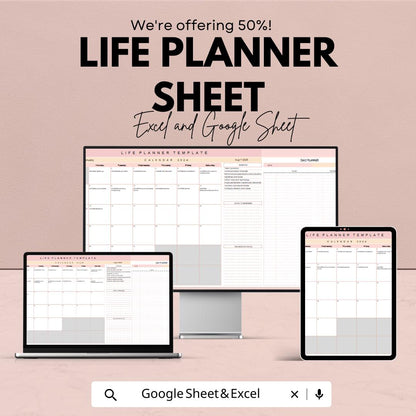 Life Planner Template | Daily, Weekly and Monthly Goal Tracker | Google Sheets & Excel Organizer | Productivity and Time Management Sheet