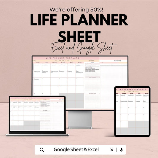 Life Planner Template | Daily, Weekly and Monthly Goal Tracker | Google Sheets & Excel Organizer | Productivity and Time Management Sheet