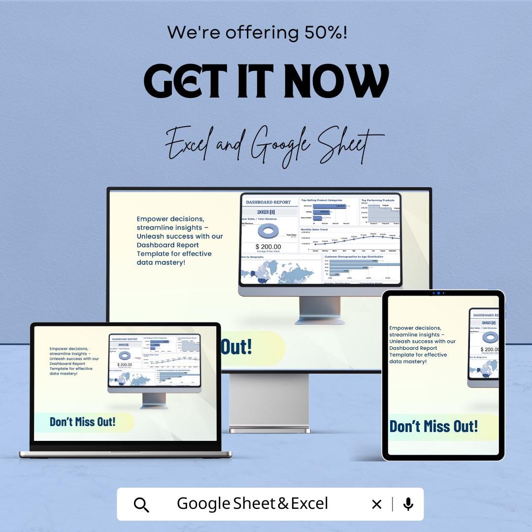 Dashboard Report Template | Excel & Google Sheets | KPI Dashboard | Business Analytics | Sales Report Template | Data Visualization Tool
