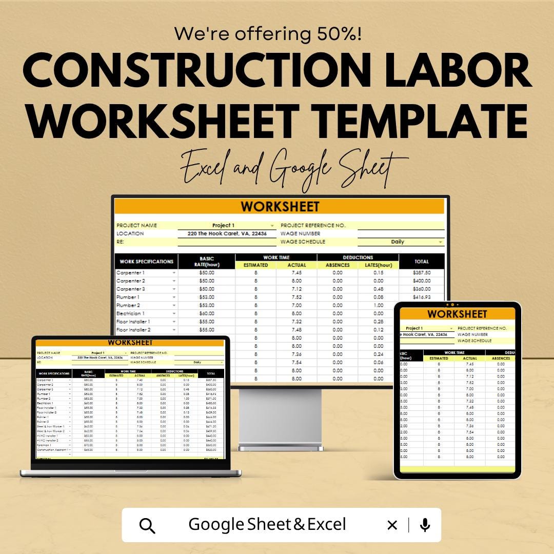 Construction Labor Worksheet Template | Construction Timesheet Spreadsheet | Contractor Payroll Tracker | Excel & Google Sheets |