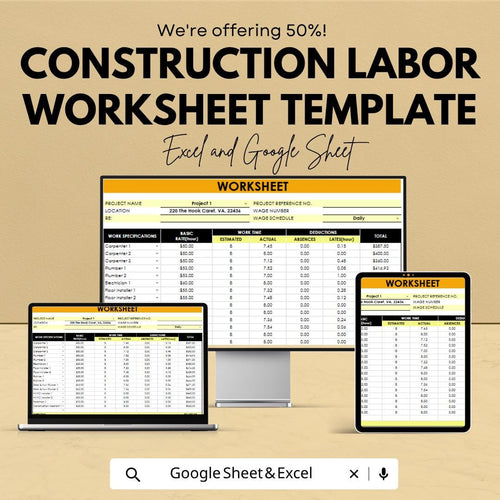 Construction Labor Worksheet Template | Construction Timesheet Spreadsheet | Contractor Payroll Tracker | Excel & Google Sheets |