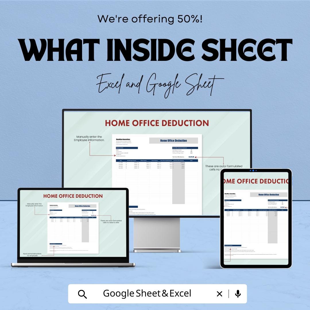 Home Office Deduction Template | Excel and Google Sheets Tax Deduction Tracker | Remote Work Expense Calculator | Home Office Expense Log
