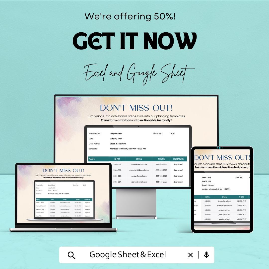School Data Sheet Template | Student Tracker | Editable Excel and Google Sheets | Class Roster & Attendance Log | Printable School Planner