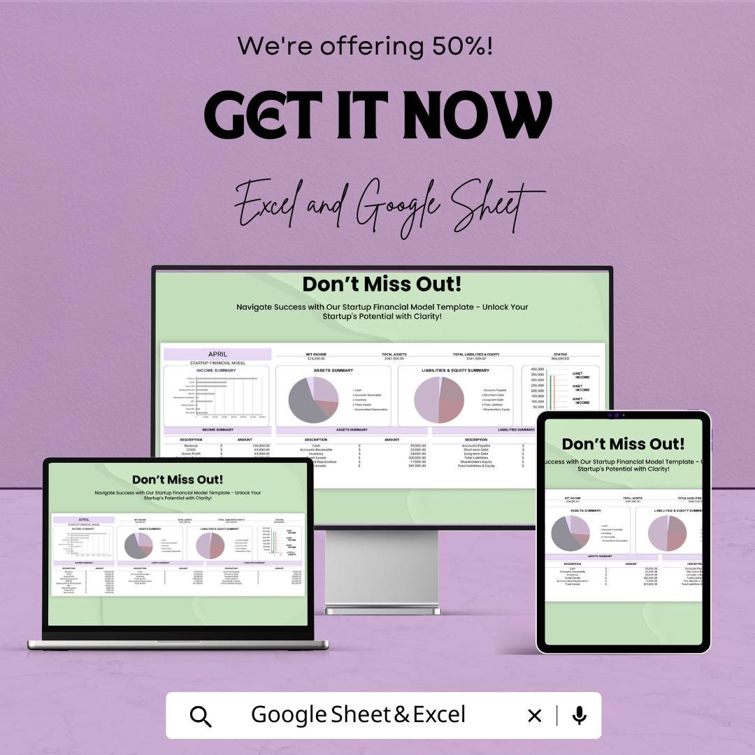 Startup Financial Model Template for Excel and Google Sheets | Budget Planning, Cash Flow, Financial Projection, Business Plan Template |