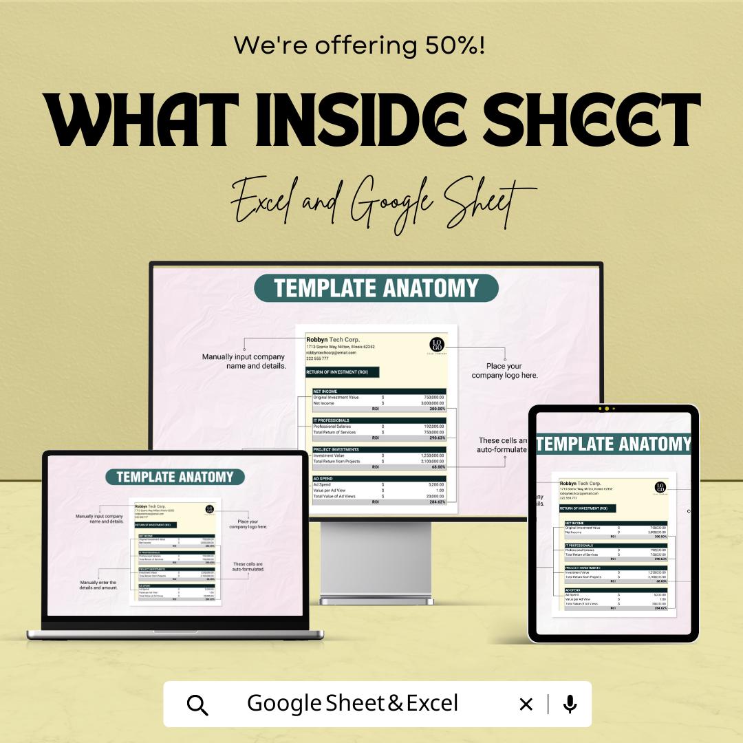 IT ROI Calculator Template, Return on Investment Spreadsheet, Tech Investment Tracker, Business ROI Calculator, Excel Google Sheets