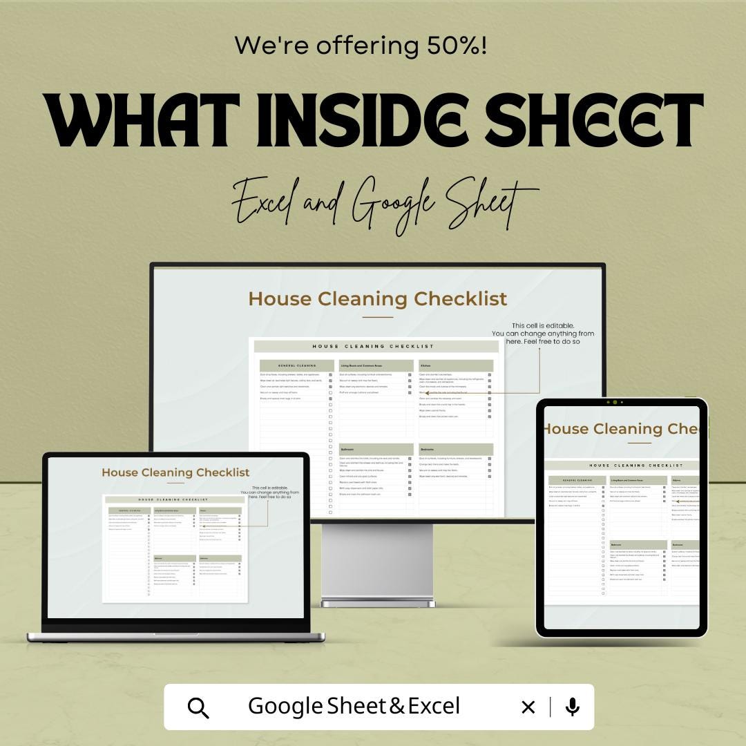 House Cleaning Checklist Sheet | Excel and Google Sheets Template | Home Cleaning Planner & Task Organizer