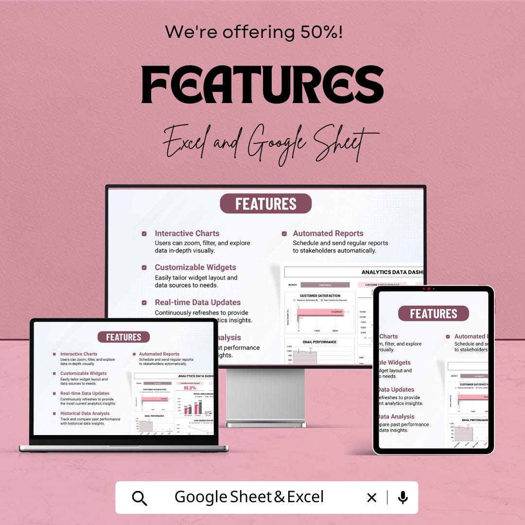 Analytics Data Dashboard - Track Metrics, Social Media, and Lead Generation Performance in Excel & Google Sheets