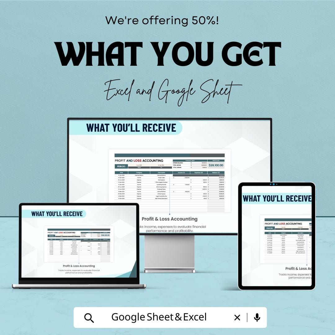 Profit and Loss Accounting Template | Excel and Google Sheets P&L Statement | Income and Expense Tracker | Business Profit Loss Report