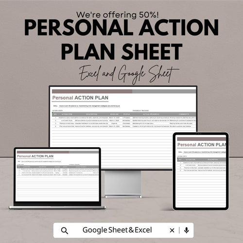Personal Action Plan Sheet | Goal Setting Template | Excel and Google Sheets Format | Track Goals & Achievements