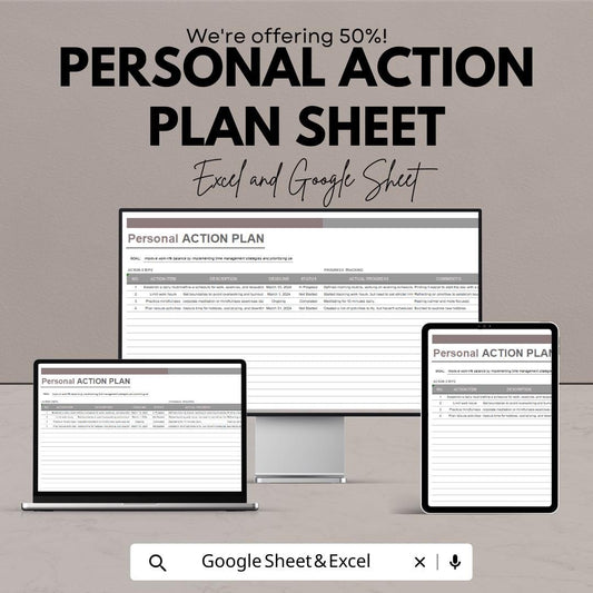 Personal Action Plan Sheet | Goal Setting Template | Excel and Google Sheets Format | Track Goals & Achievements