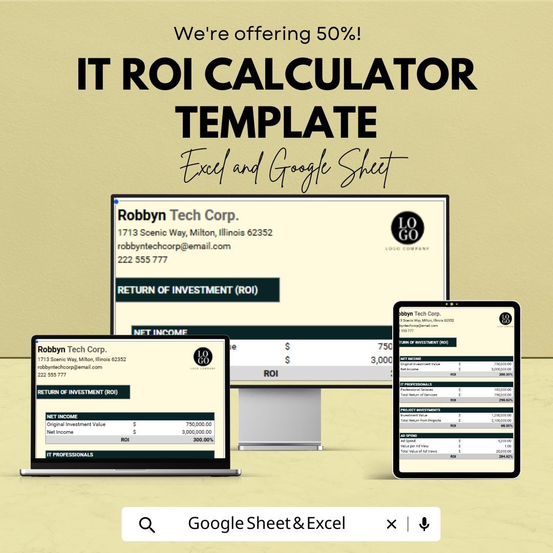 IT ROI Calculator Template, Return on Investment Spreadsheet, Tech Investment Tracker, Business ROI Calculator, Excel Google Sheets