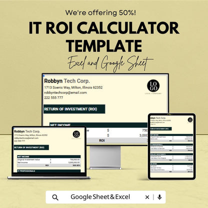 IT ROI Calculator Template, Return on Investment Spreadsheet, Tech Investment Tracker, Business ROI Calculator, Excel Google Sheets
