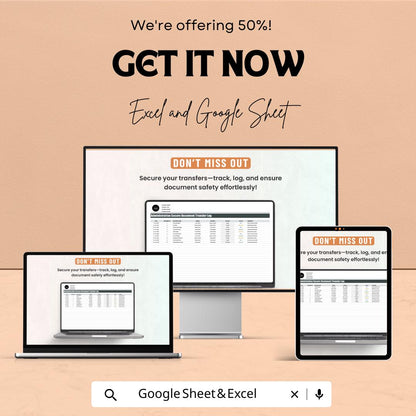 Secure Document Transfer Log, Admin Document Tracker, Document Control Log, Office File Transfer Sheet, Excel & Google Sheets