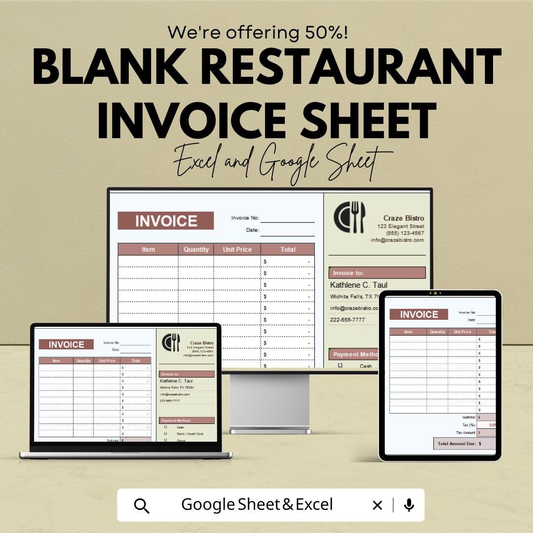 Blank Restaurant Invoice Template - Excel and Google Sheets | Customizable Billing | Tax & Payment Method Integration
