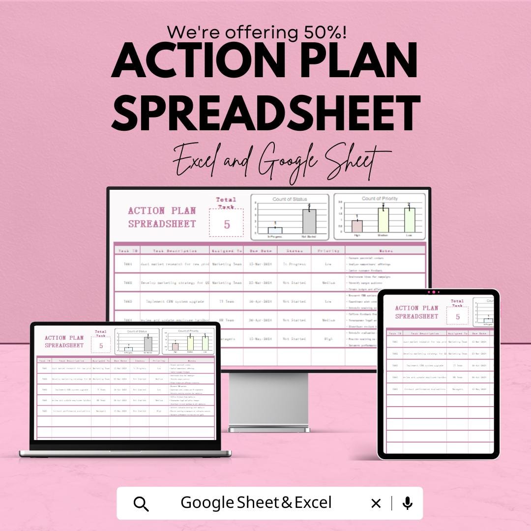 Action Plan Spreadsheet - Excel & Google Sheet Template for Task Management, Project Planning, Collaboration - 50% Off