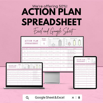 Action Plan Spreadsheet - Excel & Google Sheet Template for Task Management, Project Planning, Collaboration - 50% Off