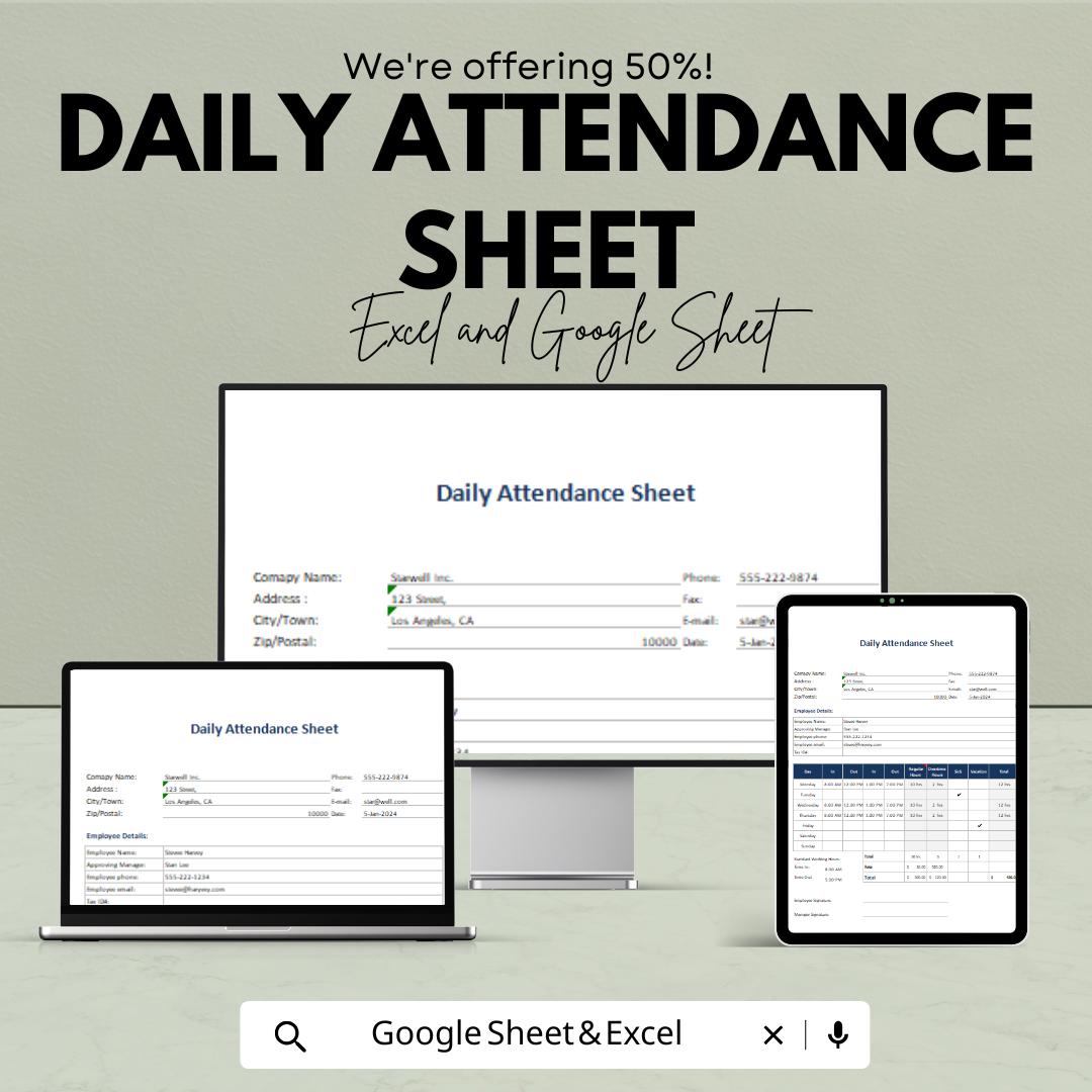 Daily Attendance Sheet - Employee Time Tracking, Excel & Google Sheet Template, Daily Employee Attendance Form, Work Attendance Log