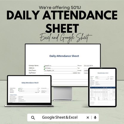 Daily Attendance Sheet - Employee Time Tracking, Excel & Google Sheet Template, Daily Employee Attendance Form, Work Attendance Log
