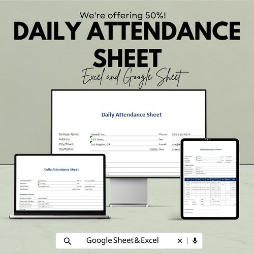 Daily Attendance Sheet - Employee Time Tracking, Excel & Google Sheet Template, Daily Employee Attendance Form, Work Attendance Log