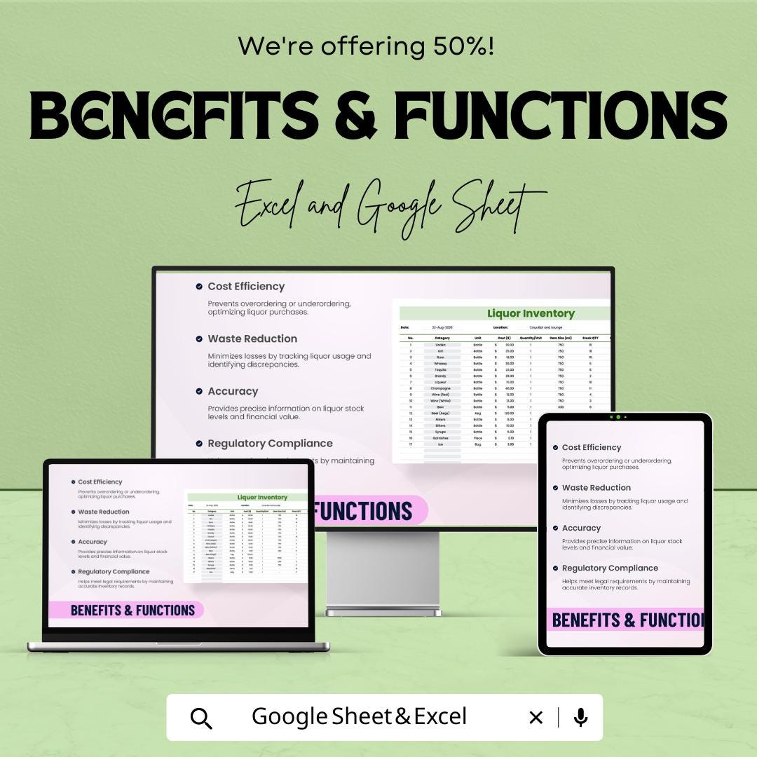 Liquor Inventory Template Excel & Google Sheets | Bar Inventory Spreadsheet | Alcohol Stock Tracker | Liquor Stock Management Log