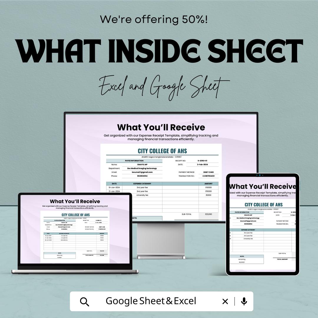 Expense Receipt Sheet | Excel & Google Sheet | Track Expenses, Payments, and Budgets | Customizable Financial Template